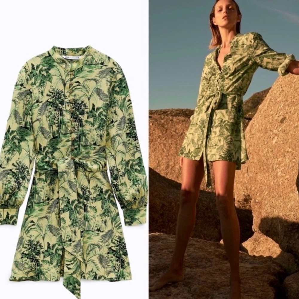 ZARA Green Tropical Print Shirt Dress